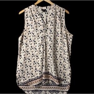 rue21 Sleeveless Blouse Women XL Cream Navy Blue Floral Paisley Lace-Up Boho Top